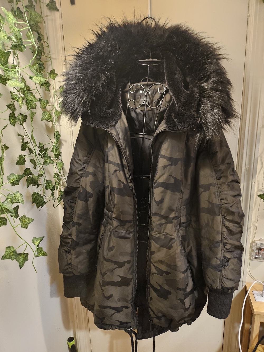 DKNY Women’s Black Camo Fur Trim Parka Jacket